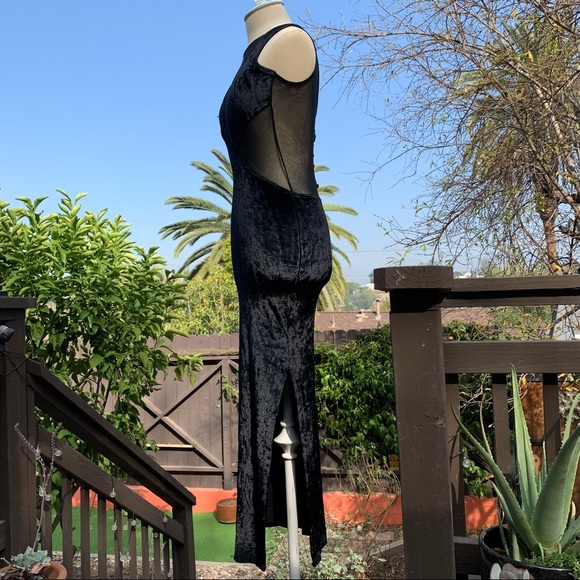 VINTAGE Black Crushed Velvet Sheer Paneled Side Slit Midi Dress size Small - Picture 3 of 11